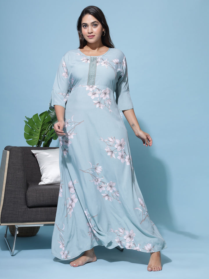  Rayon Designer Nighty  Get Green Floral Rayon Maxi Nightdress with Lace Online- 9shines label 