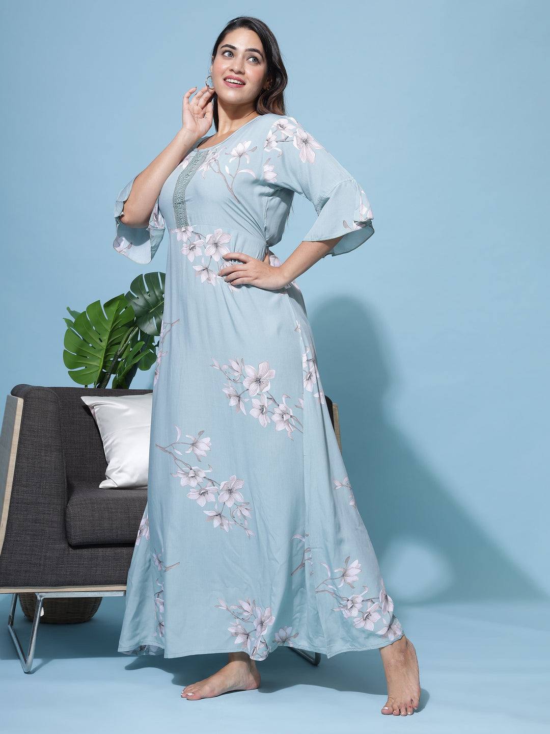  Rayon Designer Nighty  Get Green Floral Rayon Maxi Nightdress with Lace Online- 9shines label 