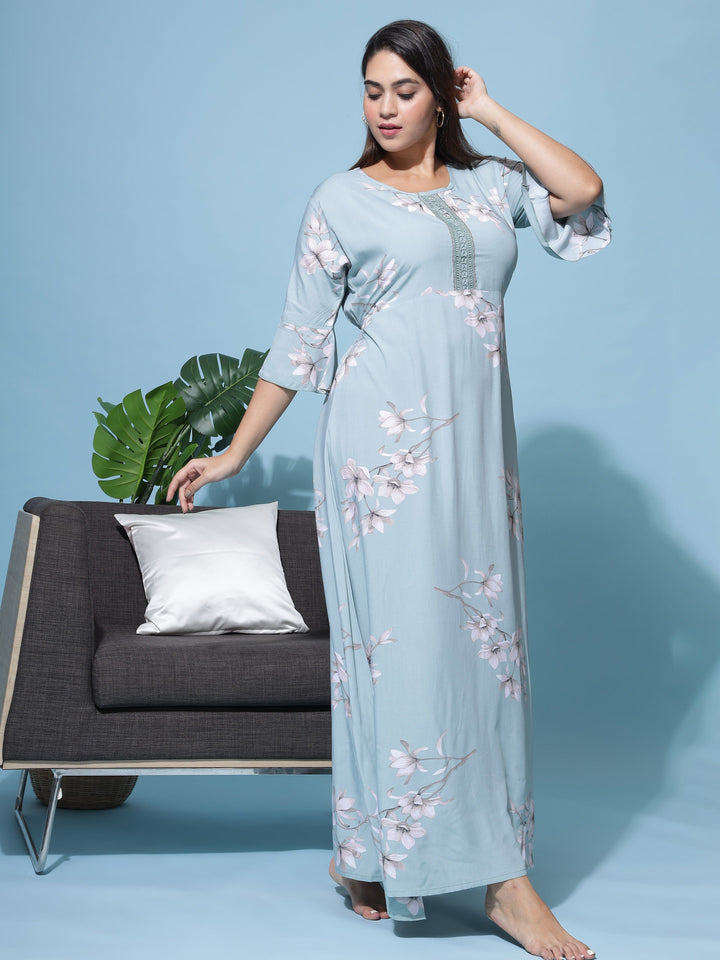  Rayon Designer Nighty  Get Green Floral Rayon Maxi Nightdress with Lace Online- 9shines label 