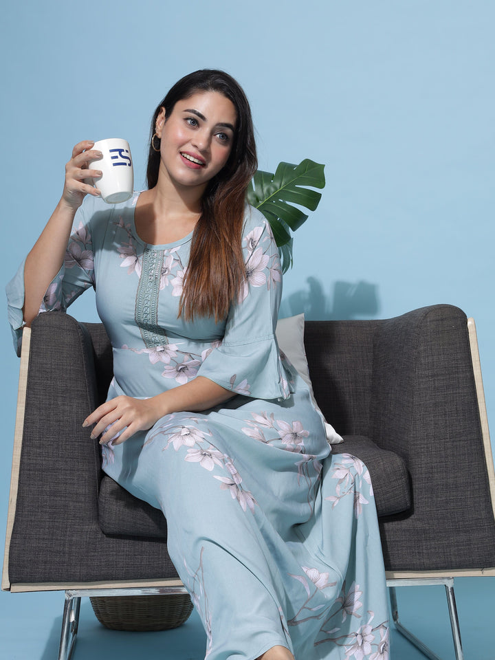  Rayon Designer Nighty  Get Green Floral Rayon Maxi Nightdress with Lace Online- 9shines label 