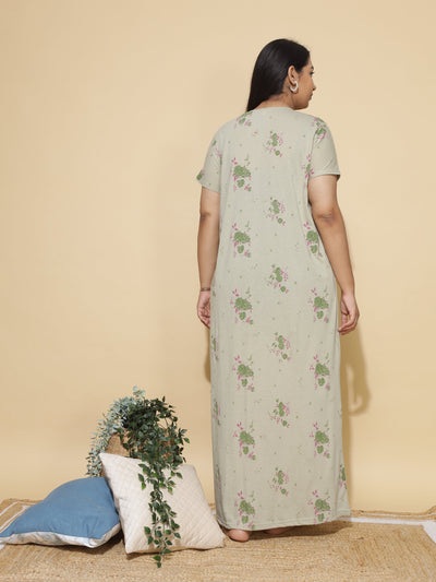 Cotton Blend Designer Maxi Sage Green Nighty
