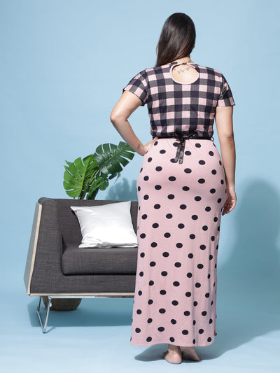 Hosiery Cotton Designer Maxi Checks Pink Nighty