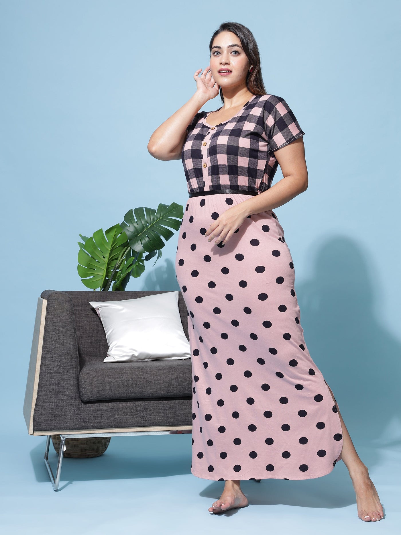 Hosiery Cotton Designer Maxi Checks Pink Nighty