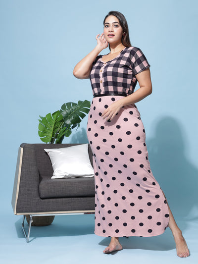 Hosiery Cotton Designer Maxi Checks Pink Nighty