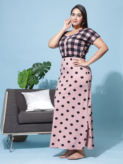 Hosiery Cotton Designer Maxi Checks Pink Nighty