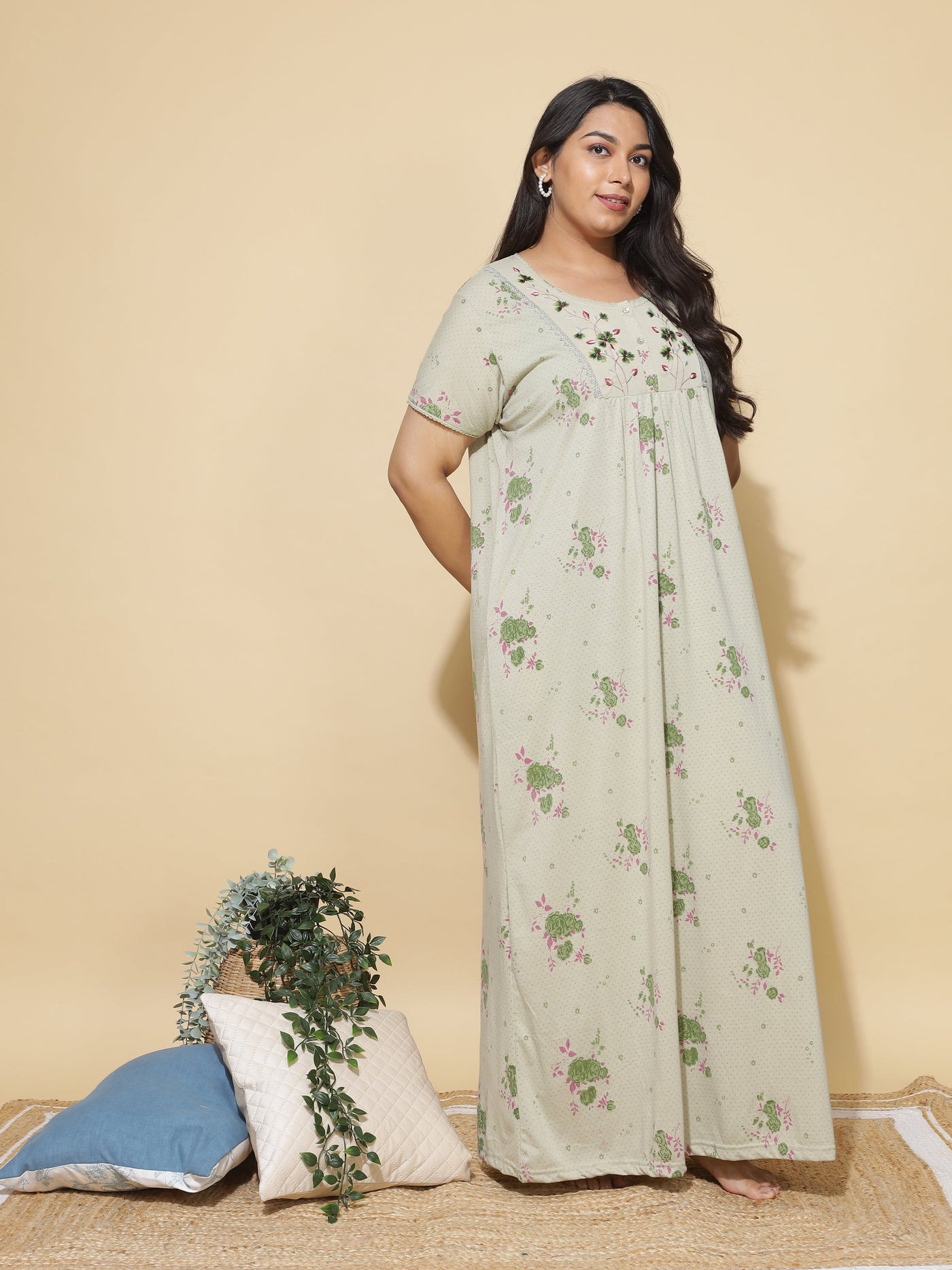 Cotton Blend Designer Maxi Sage Green Nighty