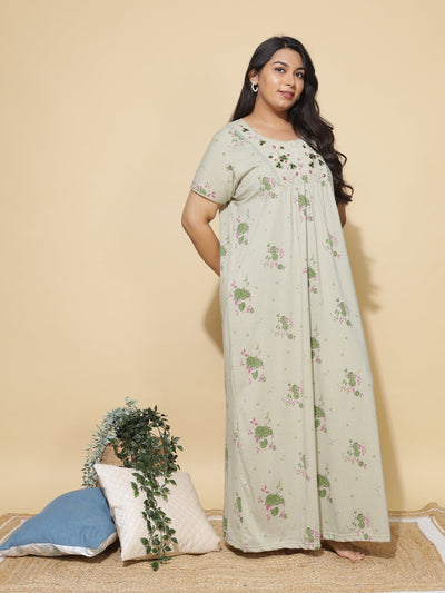 Cotton Blend Designer Maxi Sage Green Nighty