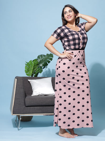 Hosiery Cotton Designer Maxi Checks Pink Nighty