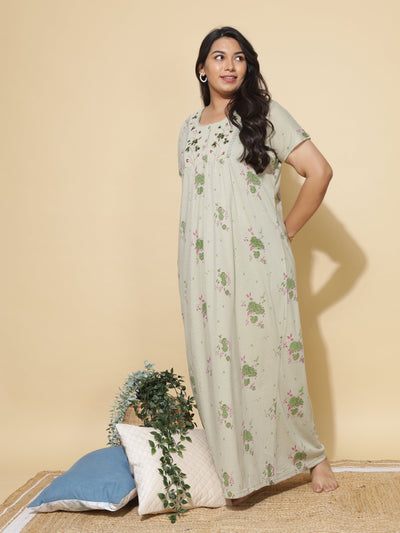 Cotton Blend Designer Maxi Sage Green Nighty