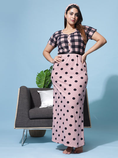 Hosiery Cotton Designer Maxi Checks Pink Nighty