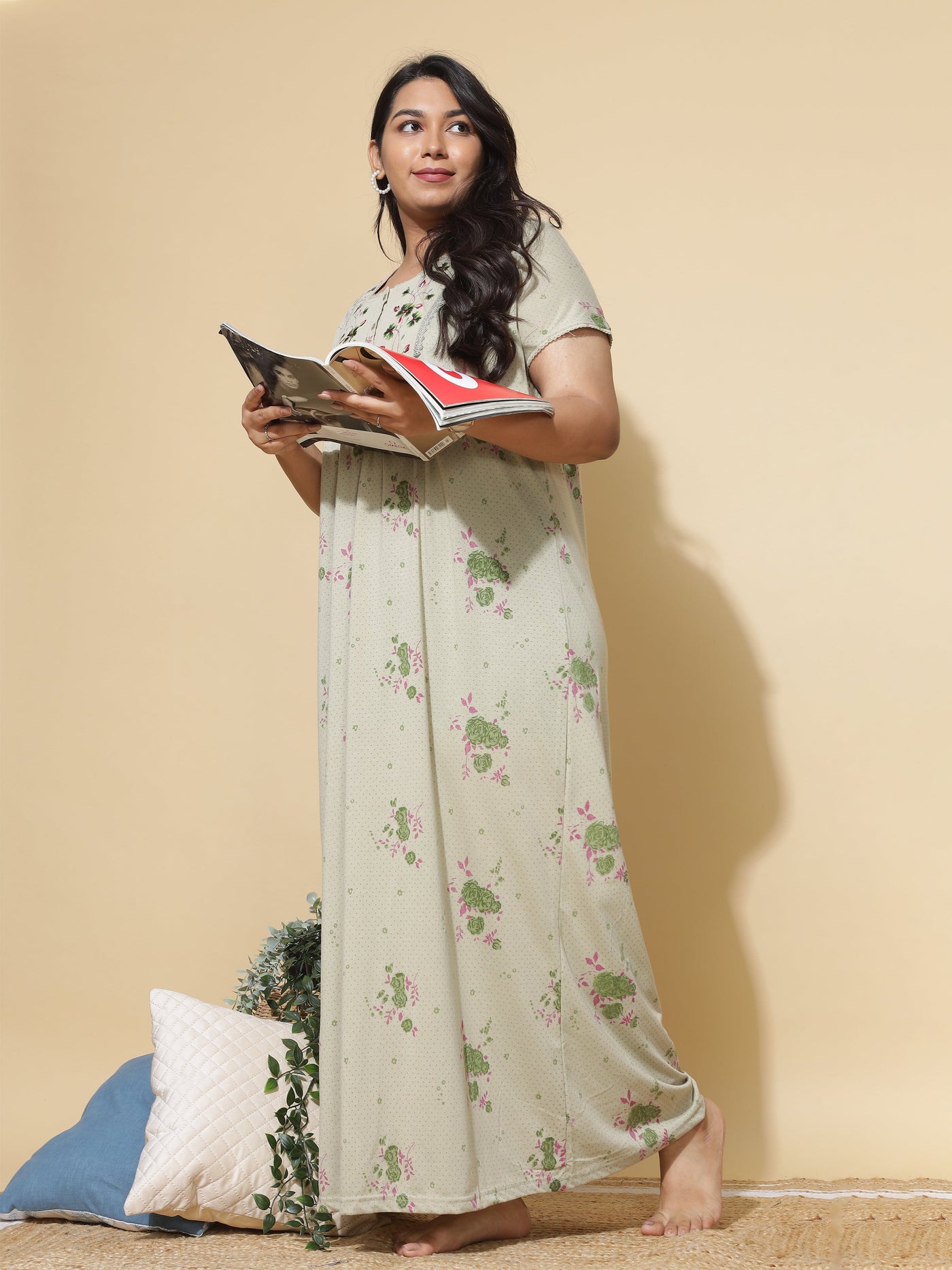 Cotton Blend Designer Maxi Sage Green Nighty