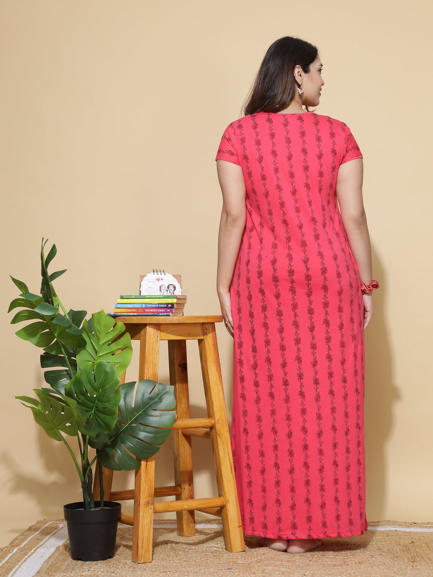 Cotton Blend Designer Maxi Dark Pink Nighty