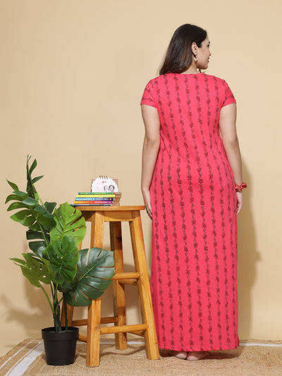 Cotton Blend Designer Maxi Dark Pink Nighty