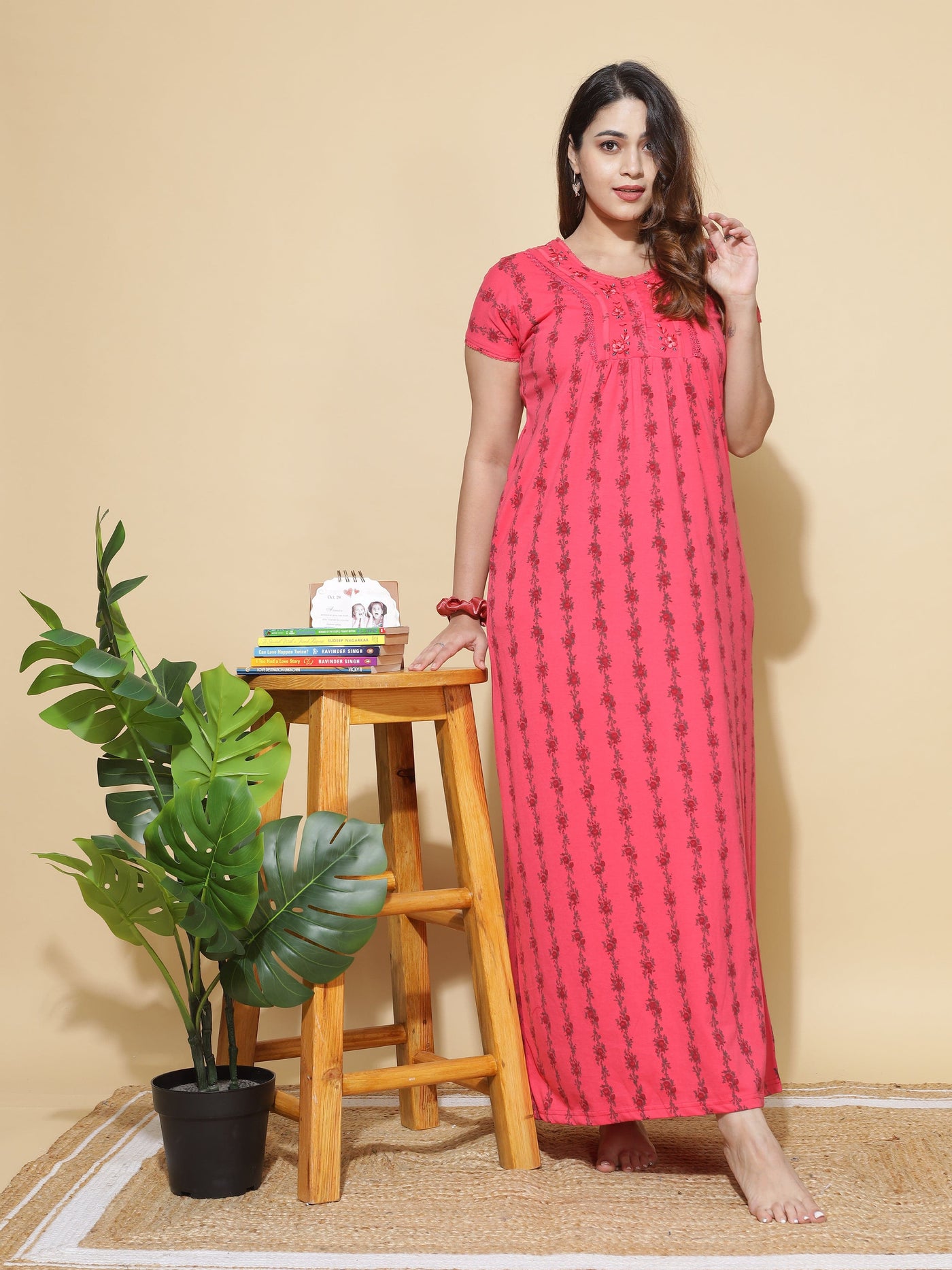 Cotton Blend Designer Maxi Dark Pink Nighty