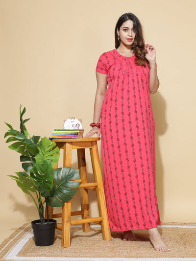Cotton Blend Designer Maxi Dark Pink Nighty