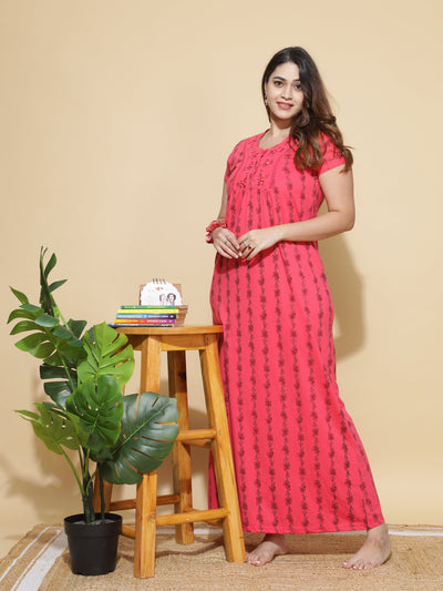 Cotton Blend Designer Maxi Dark Pink Nighty