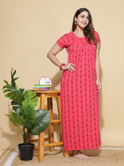 Cotton Blend Designer Maxi Dark Pink Nighty