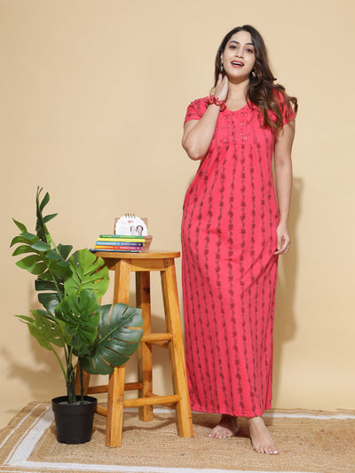 Cotton Blend Designer Maxi Dark Pink Nighty