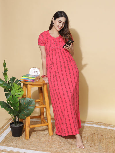 Cotton Blend Designer Maxi Dark Pink Nighty