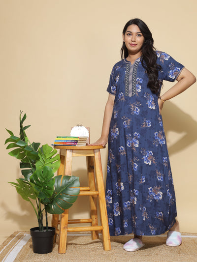 Viscose Designer Nighty Navy Blue