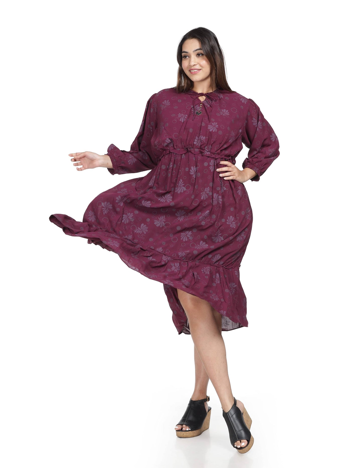 Polyester Floral Printed Dress Wine