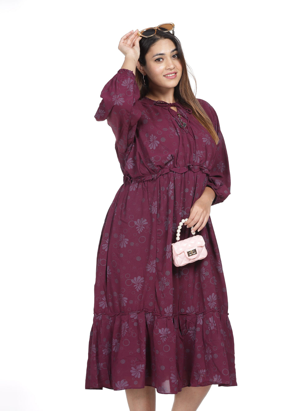 Wine Floral Printed Plus Size Dresses for Women