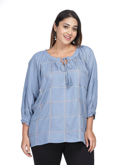 Rayon Top Adjustable Lace Neck Blue