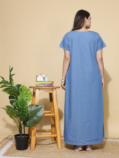 Denim Designer Nighty Flower Embroidery Sky Blue