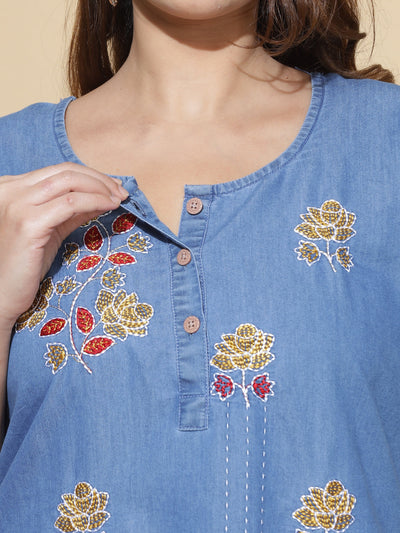 Denim Designer Nighty Flower Embroidery Sky Blue