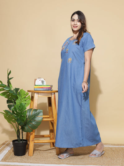 Denim Designer Nighty Flower Embroidery Sky Blue