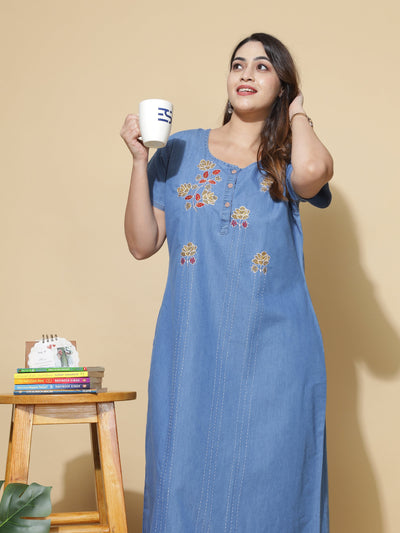 Denim Designer Nighty Flower Embroidery Sky Blue