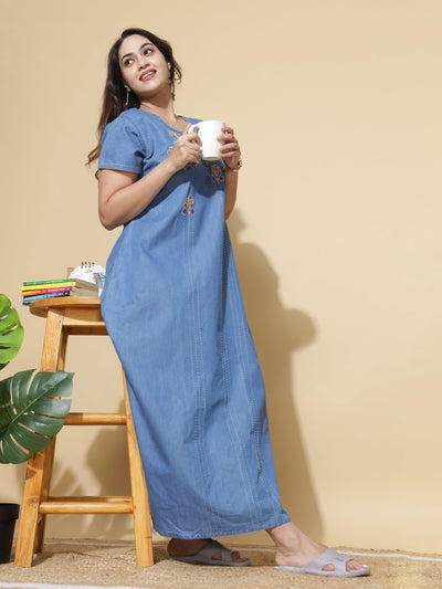 Denim Designer Nighty Flower Embroidery Sky Blue