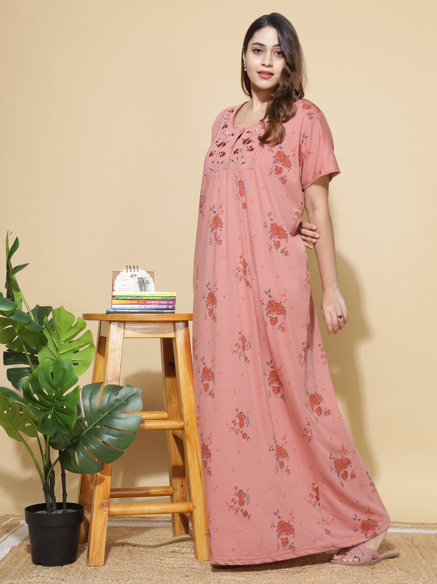 Cotton Blend Designer Maxi Coral Nighty