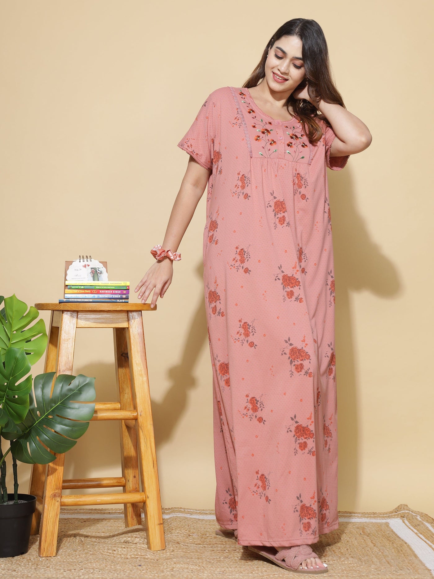 Cotton Blend Designer Maxi Coral Nighty