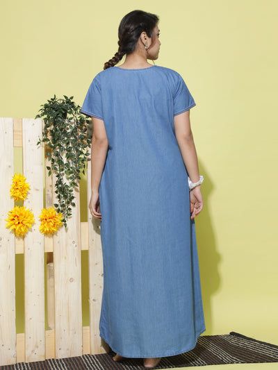 Denim Designer Nighty Embroidery Neck Sky Blue
