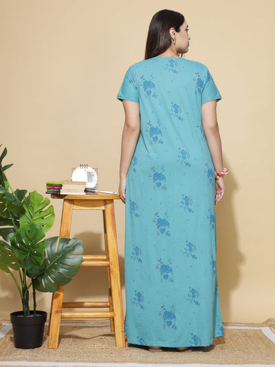 Cotton Blend Designer Maxi Splash Blue Nighty