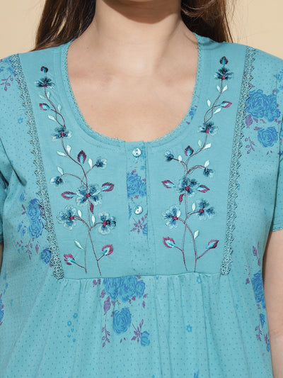 Cotton Blend Designer Maxi Splash Blue Nighty
