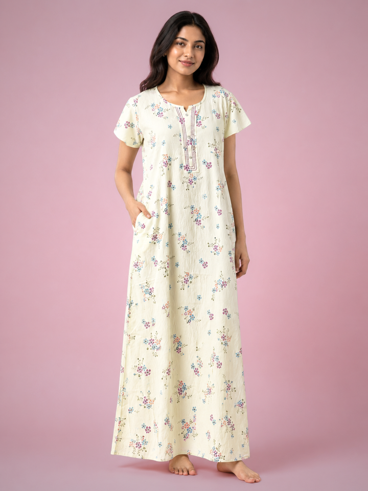 Meadow Yellow Floral Crush Cotton Nighty for Women Relaxed Fit