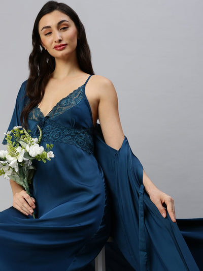 Satin luxury robe with Long Gown | Turquoise Blue