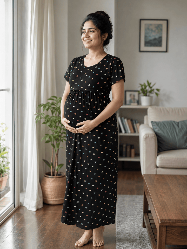 Black Sweetheart Hosiery Cotton Maternity Short Nighty for Women