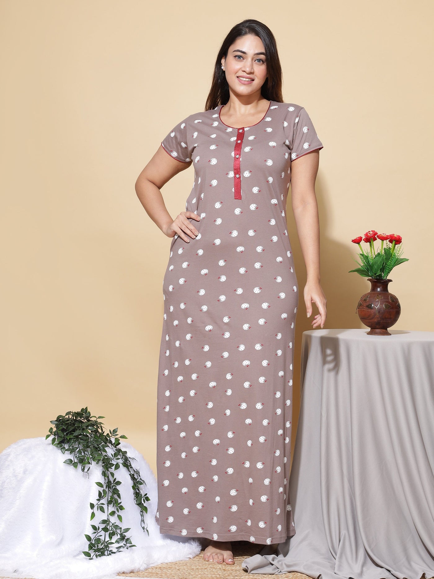 Hosiery Cotton Designer Maxi Grey Nighty