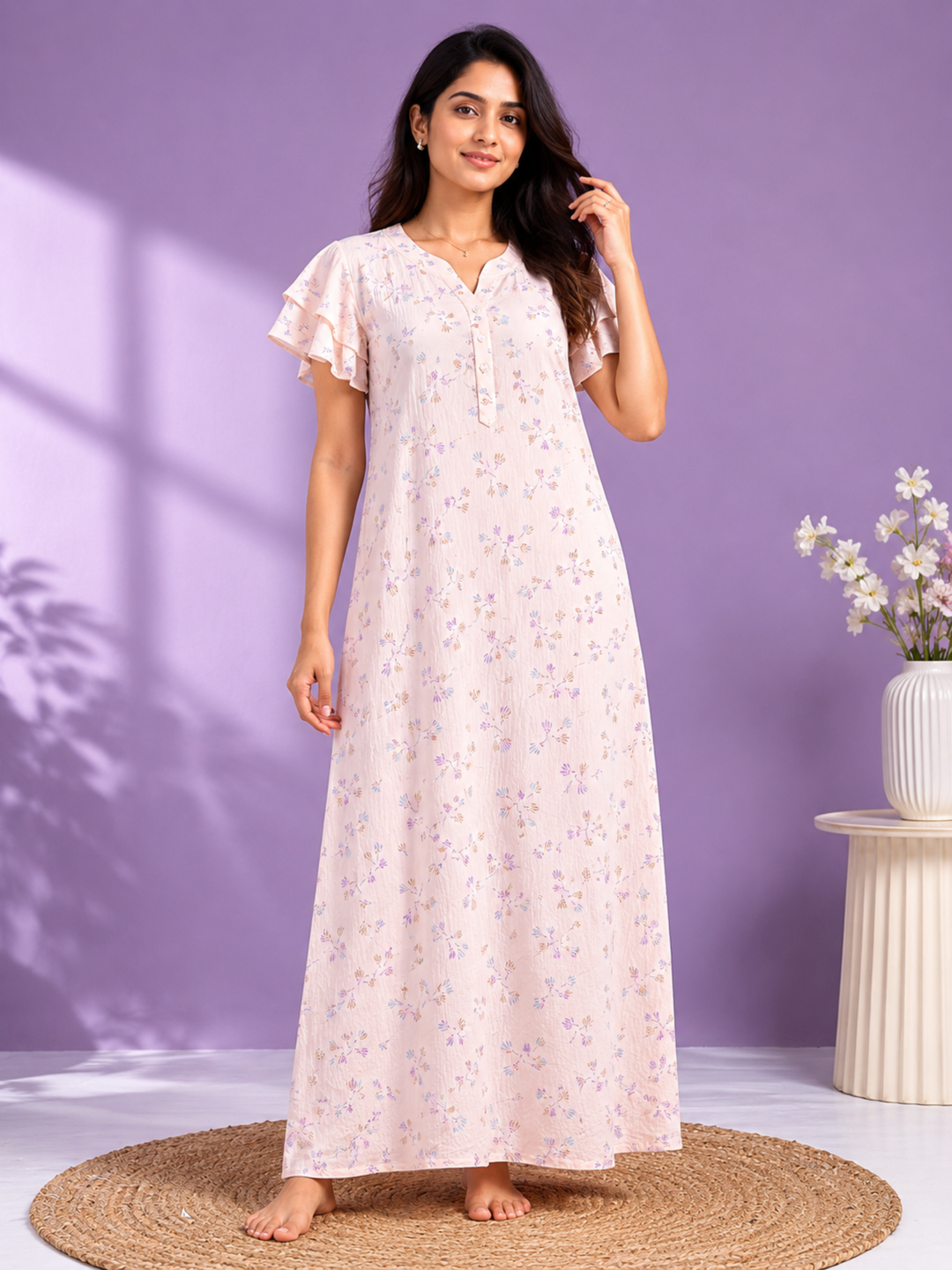 Pastel Peach Bamboo Feel Crush Cotton Designer Nighty for Women