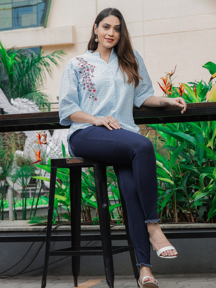 Fancy Cotton Top High-Low Floral Embroidery Sky Blue