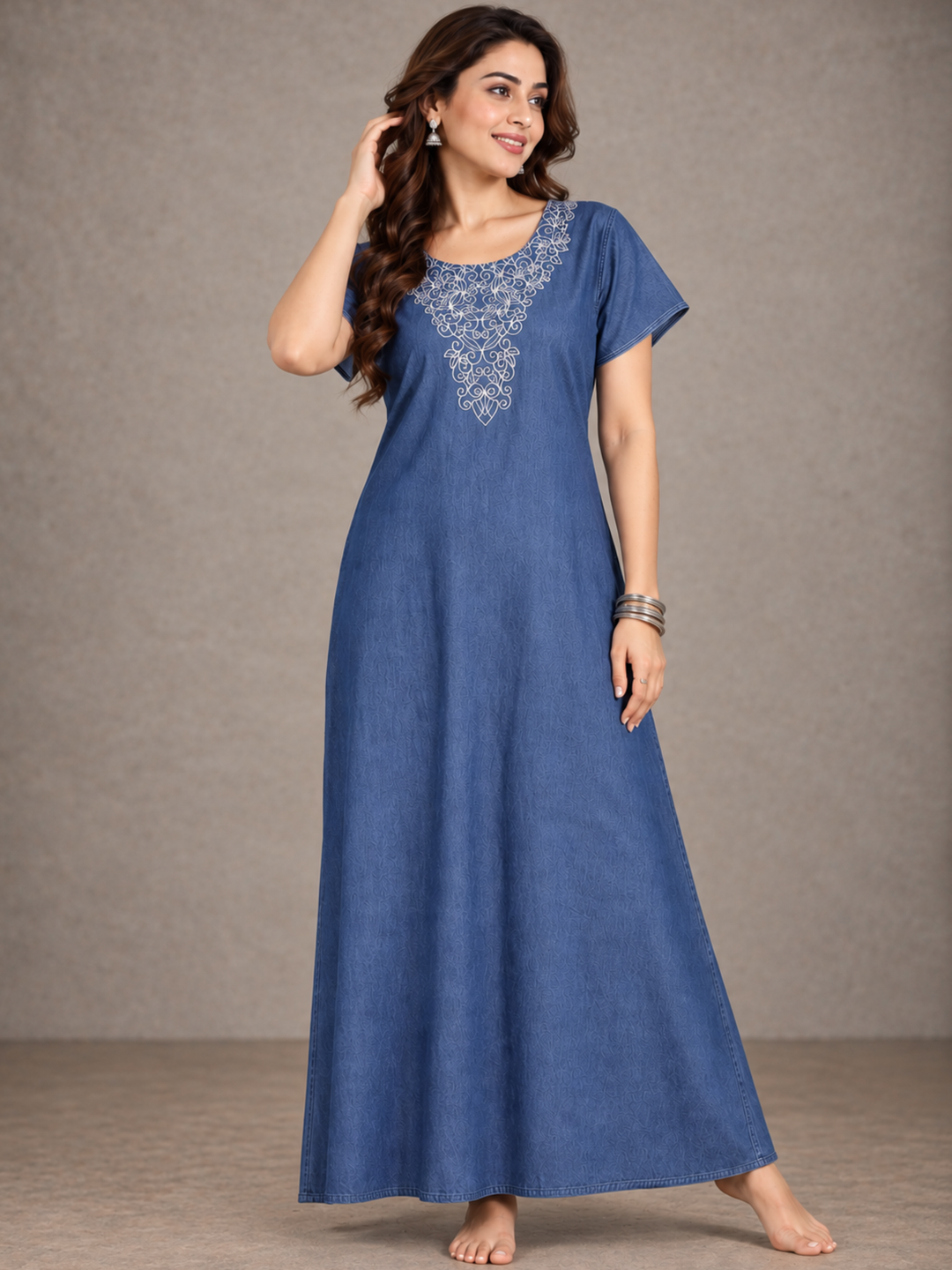 Denim Blue Embrace Embroidered Nighty - Luxurious Cotton Comfort