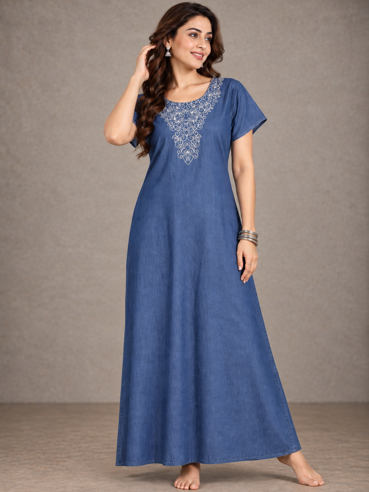Denim Blue Embrace Embroidered Nighty - Luxurious Cotton Comfort