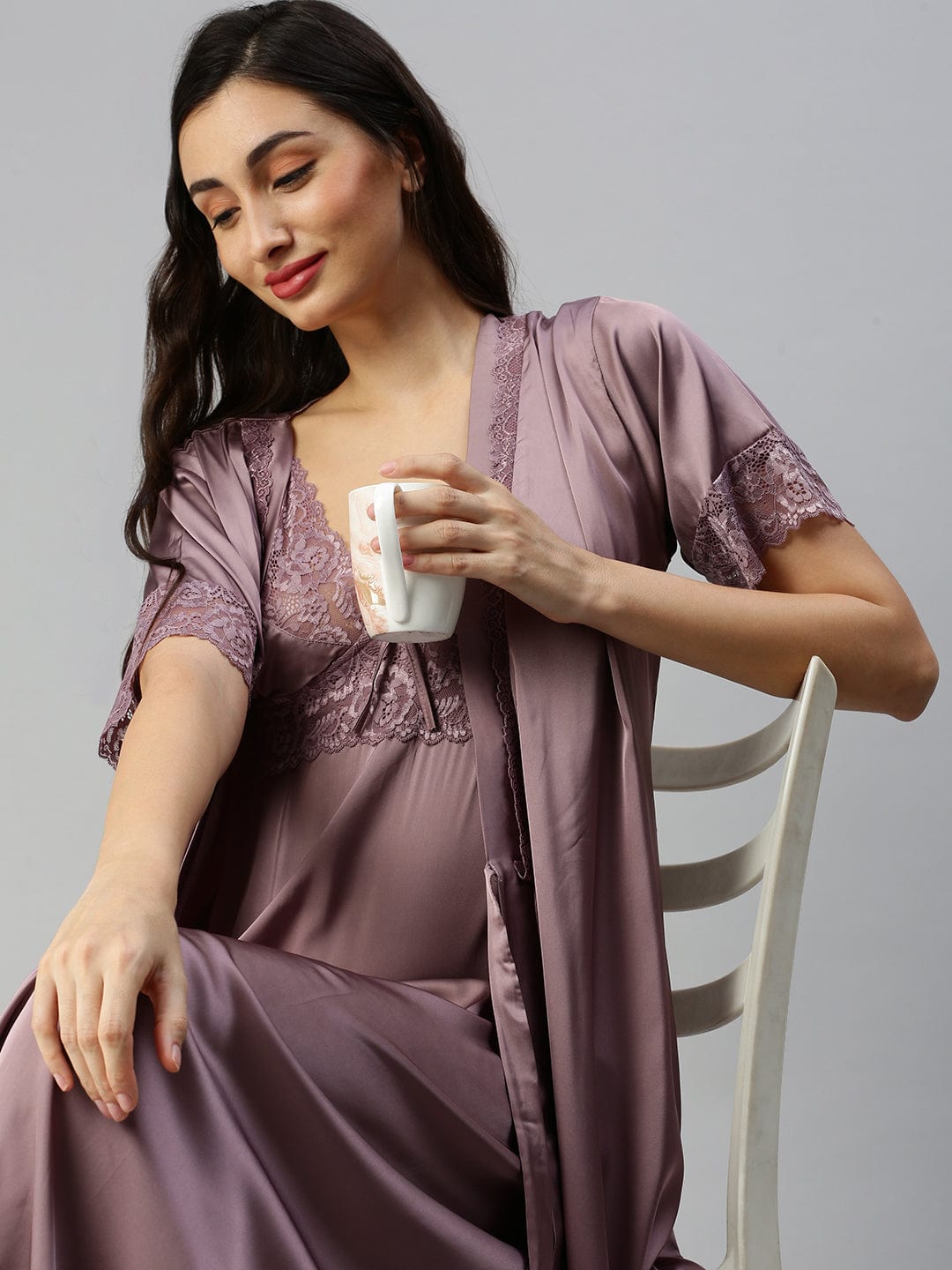 Satin luxury robe with Long Gown | Light Purple
