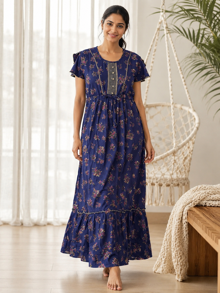 Blossom Azure Alpine Designer Nighty for Women Relaxed Frock Style