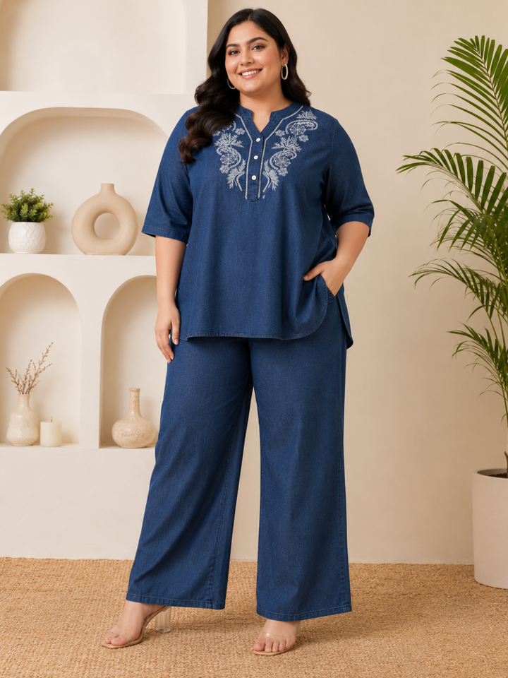 Light Blue Denim Wash Cotton Co Ord Set for Women with Embroidery