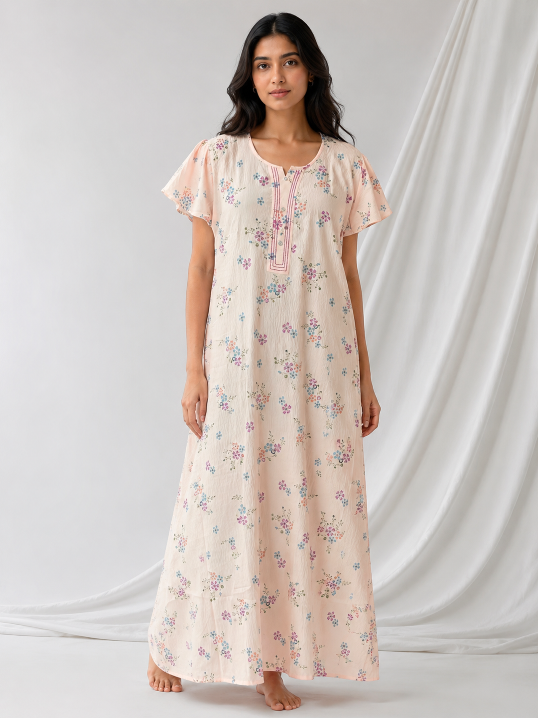Meadow Peach Floral Crush Cotton Nighty for Women Breathable
