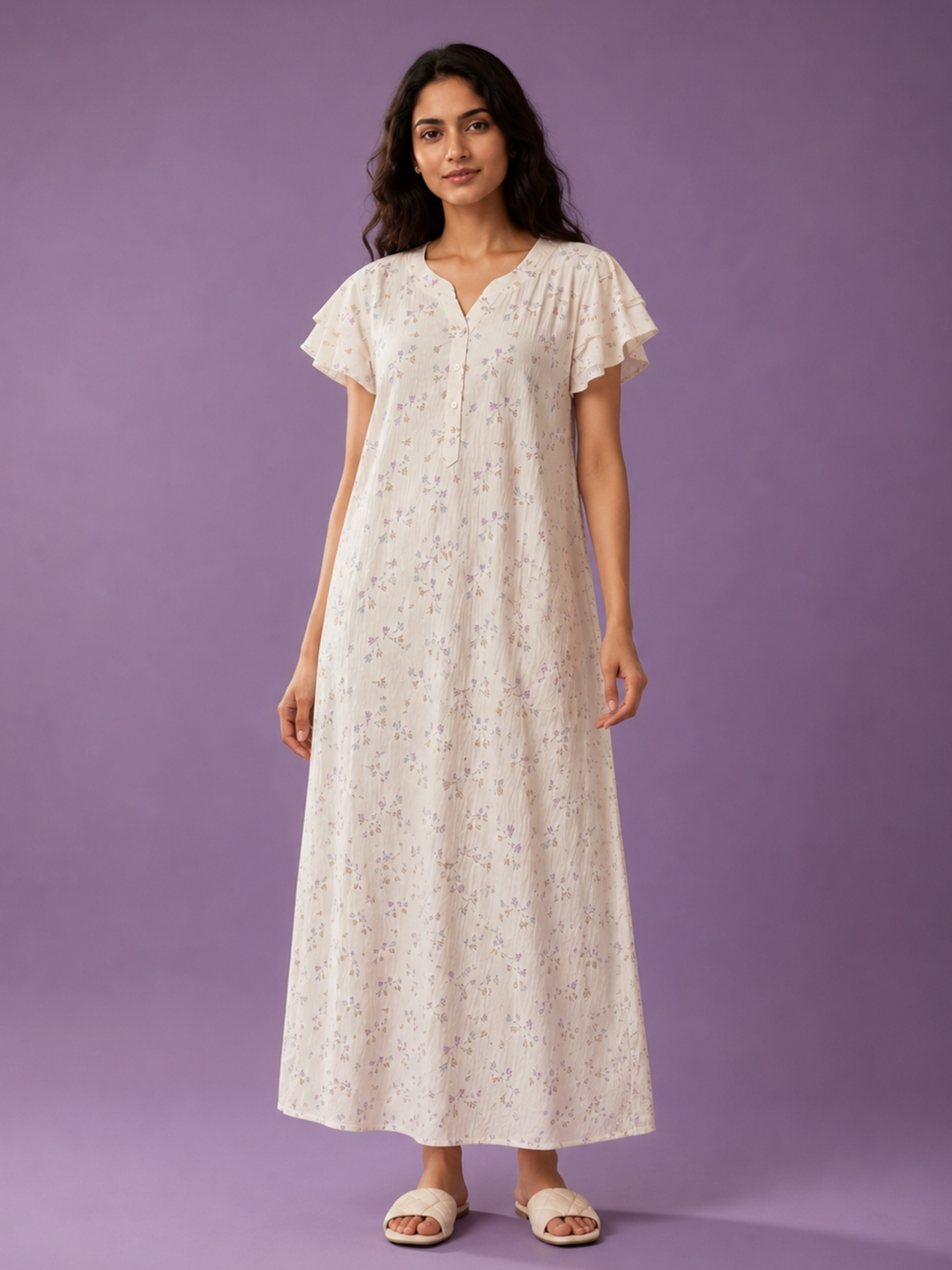 Pastel Cream Bamboo Feel Crush Cotton Floral Designer Nighty